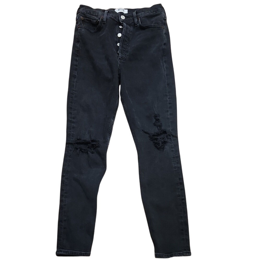 Agolde Skinny Distressed Button Fly Edgy Cinched Black High Waist Rise Size 26